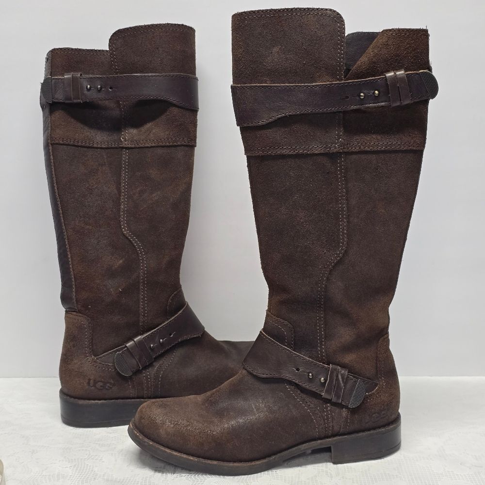 UGG Dayle Tall Genuine Brown Leather Moto Boots Womens 7 Biker Grunge Bohemian